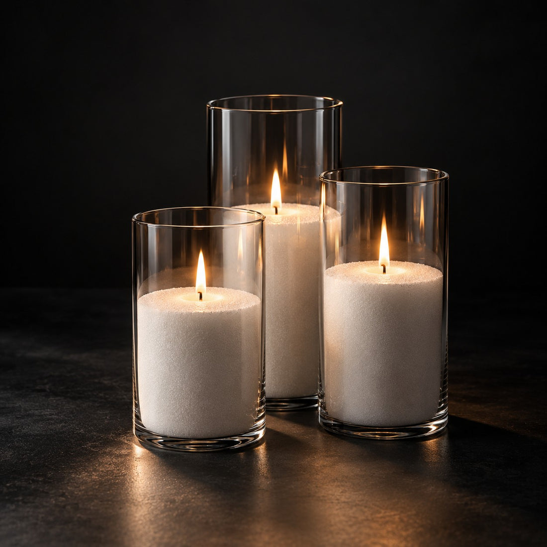 Three lit sand candles in clear glass cylinders on a dark background