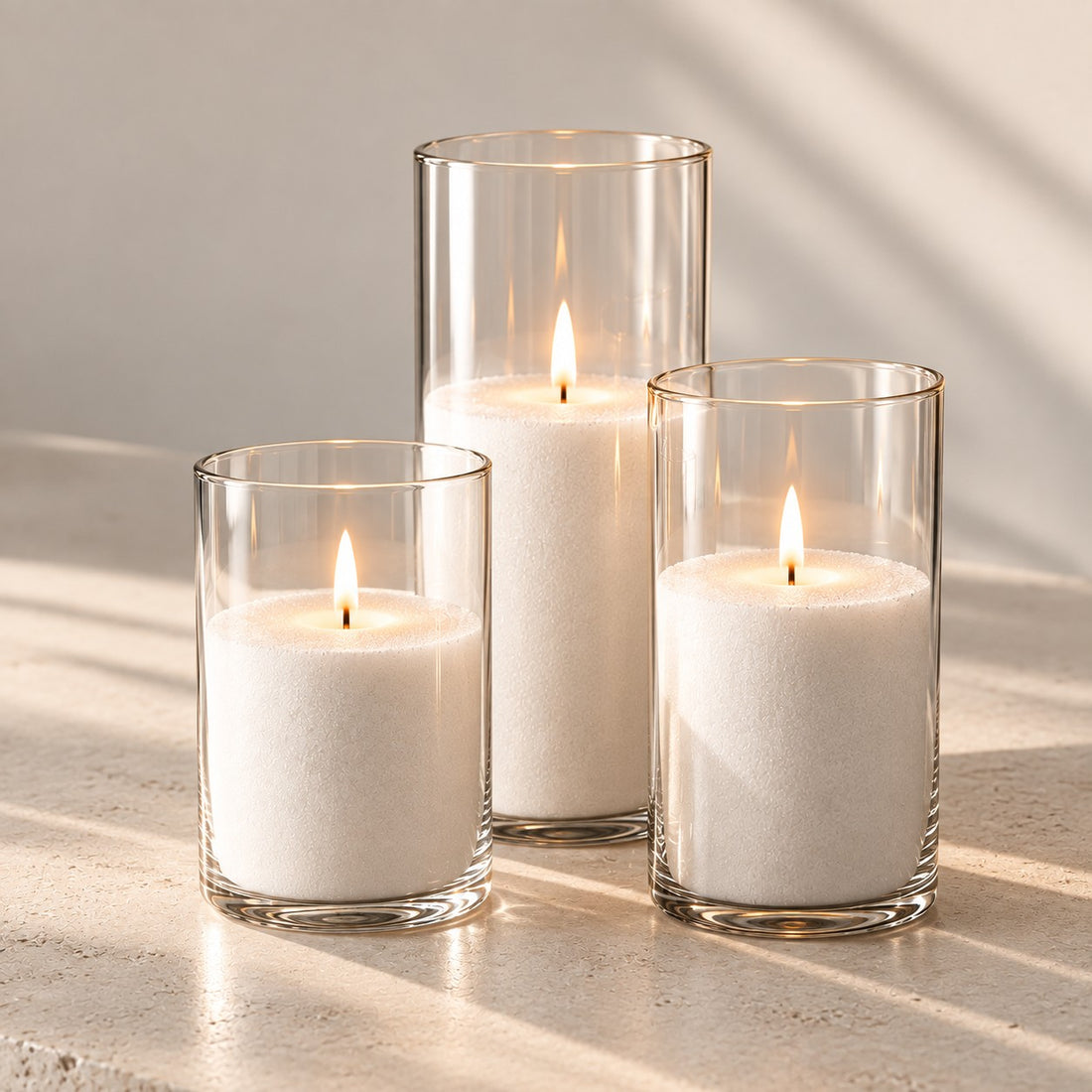 Three lit sand candles in clear glass cylinders in soft window light