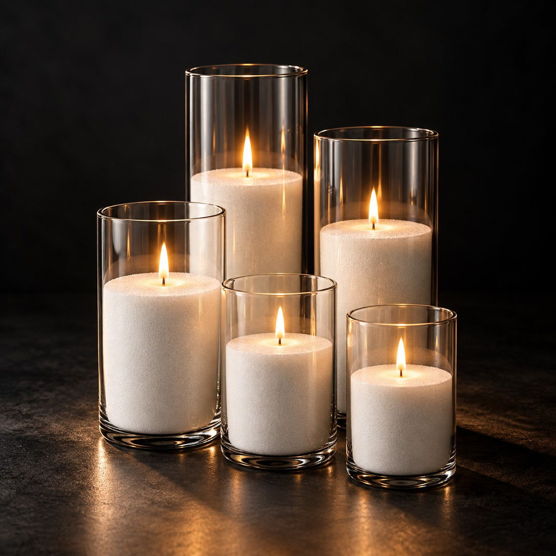 Five lit sand candles of different heights in clear glass cylinders on a dark background