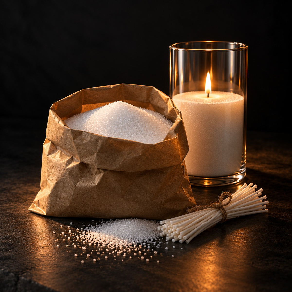 Sand wax refill: a paper bag of white pearled sand wax and a bundle of wicks beside a lit sand candle, on a dark background