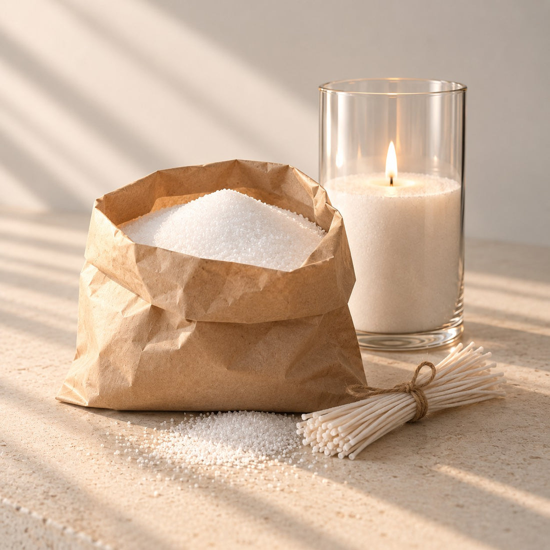 Sand wax refill: a paper bag of white pearled sand wax and a bundle of wicks beside a lit sand candle, in soft window light